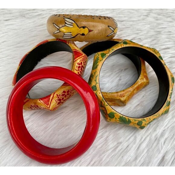 Vintage 5 PC Set Wooden Hand Painted Boho Bangles From India - Picture 8 of 13